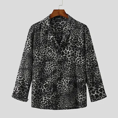 INCERUN Men Long Sleeve Leopard Printed Shirts Casual Party Clubwear Blouse Top • £11.70