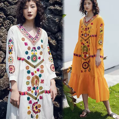 Womens Vintage Ethnic Mexican Embroidered Cotton Linen Long Boho Loose Dress New • $20.95