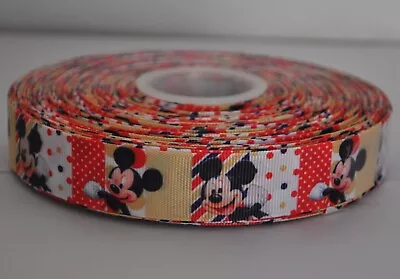 7/8 Inch Mickey Mouse Squares On Red And Yellow Grosgrain Ribbon- 1 Yard • $0.99