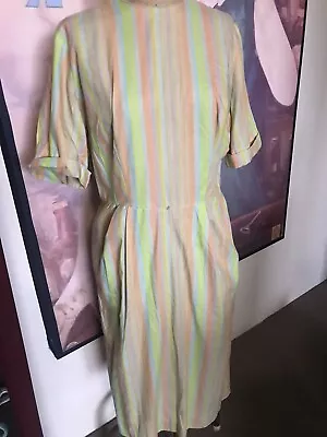 Pretty Vintage 1950s Candy Striped Cotton Flattering High Neck Dress Size 10-12 • $70