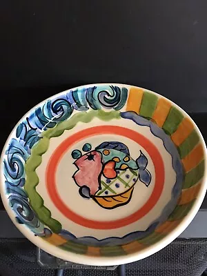 Vicki Carroll 1994 Pottery Bowl With Fish/Ocean Decoration 8.5  Wide • $32