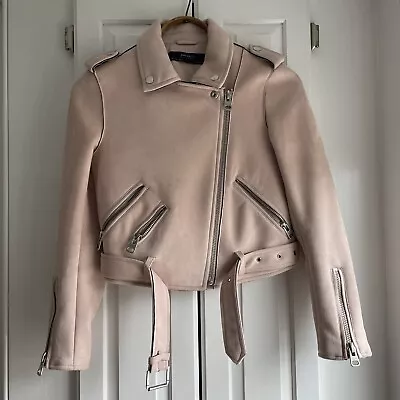 Zara Basics Womens Outerwear Pale Pink Faux Suede Biker Jacket Size S Small • $28