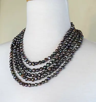 $40 • Buy 5-Strand Pearl Necklace & Bracelet--Black Peacock