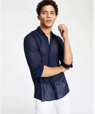 I.N.C. International Concepts Mens Long-Sleeve Shirt Vertical Stripe Navy Large • $10.10