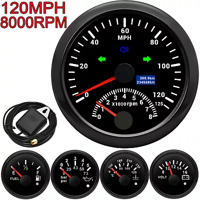 5 Gauge Set 85mm GPS Speedometer 125MPH With Tacho&52mm Fuel Volt Temp Oil Press • $106.62