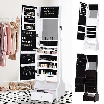 LED Long Mirrored Jewelry Cabinet Armoire Floor Standing Organizer W/ Lock • £96.99