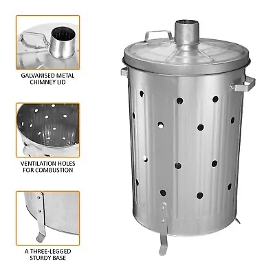 Garden Rubbish Fire Bin Galvanized Incinerator Paper Leaf Wood Waste Burner 90l • £18.85