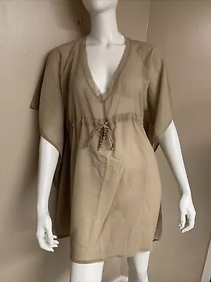 NWT Echo   Caftan Beige Cover-Up V-Neck Beaded Tie One Size #121K • $18.70