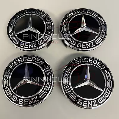 SET OF 4 Mercedes-Benz Classic Black 75MM Wheel Rims Center Hub Caps AMG Wreath • $17.95