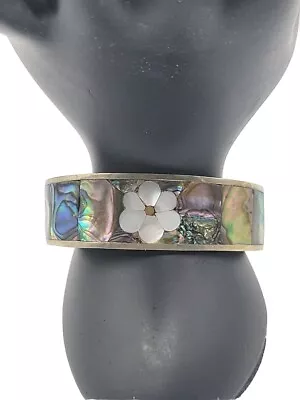 Cuff Bangle Abalone Shell Mother Of Pearl Center Flower Mexico Bracelet  • $12.90