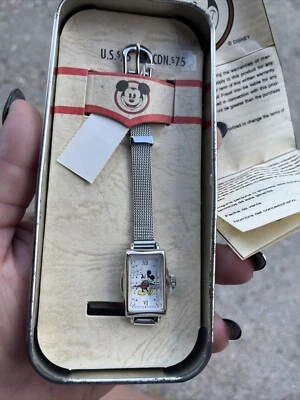 $25 • Buy Mickey Mouse Tank Style Fossil Watch W/ Mesh Bracelet Band  - NEW