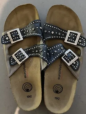 $45 • Buy Eurowellness Blackleather With Rivets And Rhinestone Buckle Womens Sandles Sz 42