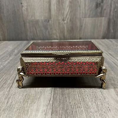 Vintage Gold Ormolu Filagree Beveled Glass Jewelry Music Box W/Cherubs Or Angels • $69.99