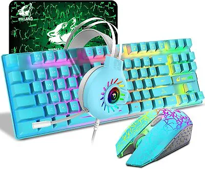 $17.99 • Buy 87 Keys 2.4G Wireless Gaming Keyboard Mouse Rainbow Headset For PC/PS4/XBOX ONE
