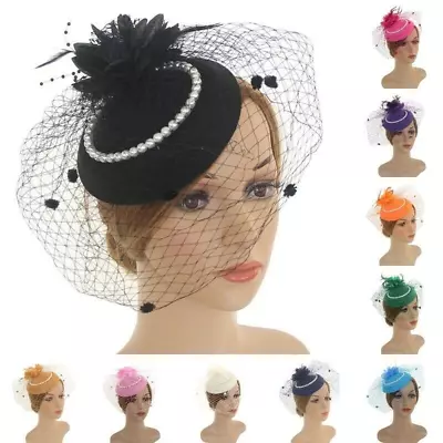 Women Pillbox Hat With Veil Fascinator Headband Bridal Wedding Cocktail Retro • $12.45