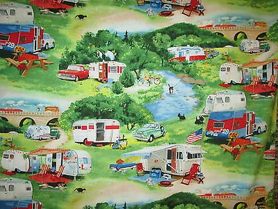 Retro Vintage Trailer Bridge Stream Trailers Cotton Fabric Fq • $2.99