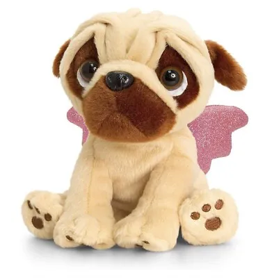 Keel Toys Small Pugsley Pug Dog Soft Toy Plush With Pink Angel Fairy Wings • £9.99