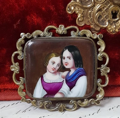 Antique 19th Century Hand Painted Portrait Porcelain Brooch Pin • £75