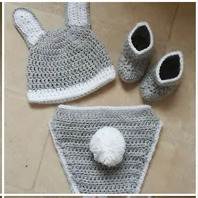 Newborn Crochet Rabbit Set Baby Christmas Gift Photos * Hat Booties Nappy Cover • £6.99