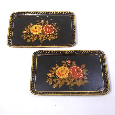 Antique ISCO Occupied Japan Black Paper Mache' Vanity Trays Set 2 Painted Roses • $20.79