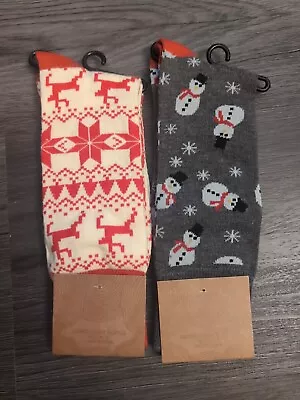 Lot Of 2: Mens Crew Socks Snowflake Reindeer & Snowman Christmas Winter Sz10-13 • $10