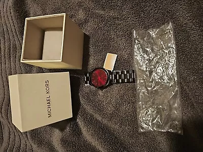 Michael Kors (MK8734) Slim Runway Black Stainless Steel Watch With Red Dial • $145