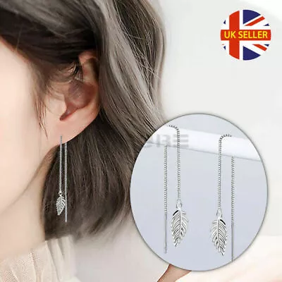 925 Sterling Silver Leaf Shaped Pendant Wire Threader Pull Through Drop Earrings • £4.99