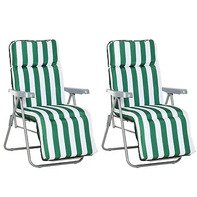 Outsunny Set Of 2 Folding Sun Lounger Recliner Chairs Daybed Cushion Green White • £75.99