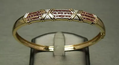 Vintage 14K Yellow Gold Over 2.30Ct Lab-Created Ruby & Diamond Bangle Bracelet • $143.99
