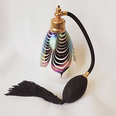 IRice Perfume Bottle Pulled Peacock Feather Iridescent W Atomizer Vintage  • $31.49