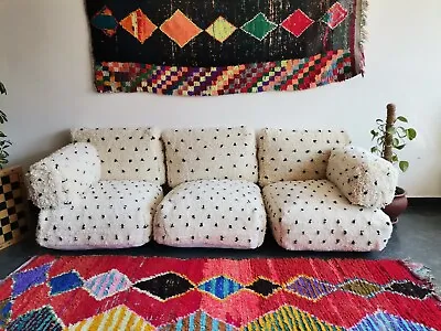 Moroccan Handmade Floor Couch - Unstuffed Wool White Sofa Covers + Pillow Cases • $746.30