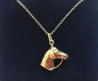 9ct GOLD HORSES HEAD PENDANT DOUBLE SIDED ON 16  GOLD CHAIN 1.4grams • £75