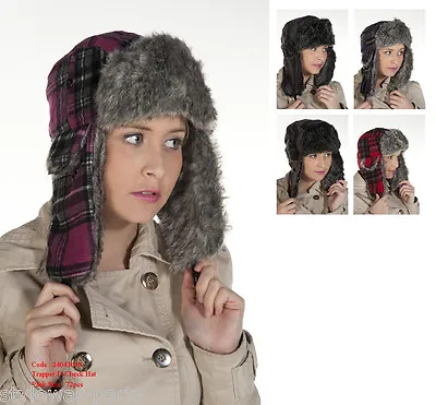 New Ladies Mens Black Grey Red Checkered Ear Lap Hats Unisex D Check Trapper Hat • £3.99