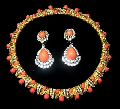CINER Pave Diamante & Coral Cabochon Jewels Of India Necklace & Pendant Earrings • $875