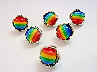 6 X Lovely Quality Rainbow Enamel And Silver 11mm Metal Look Flower Buttons P48 • £2.45