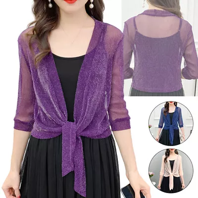 Womens Shiny Sheer Mesh Tie Cardigan 3/4 Sleeve Open Front Bolero Shrug Shawl • $10.91