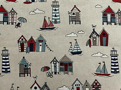 £2.50 • Buy Seaton Beach Hut & Light House Linen/Cotton Curtain/Craft/Blind Fabric