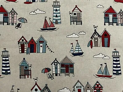 Seaton Beach Hut & Light House Linen/Cotton Curtain/Craft/Blind Fabric • £2.50