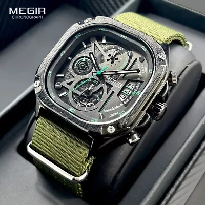 MEGIR Black Quartz Watch Men Waterproof Square Dial Wristwatch With Chronograph  • £27.83