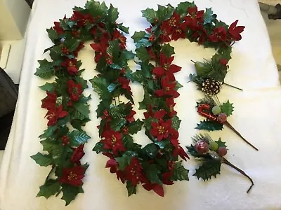 Vintage Christmas Poinsettia Holly Berry Garland With Extras Lot • $9.99
