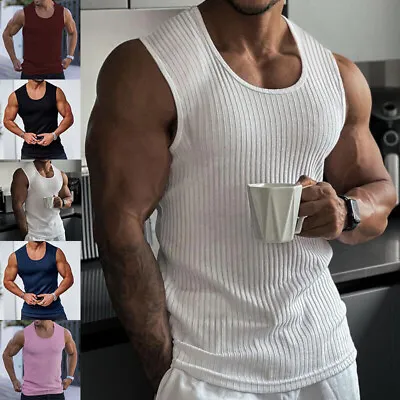 Men Sleeveless Ribbed Vest Tops Sport Bodybuilding Muscle Gym Fitness Tank UK • £9.66