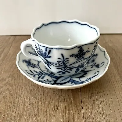 Carl Teichert Meissen Germany Porcelain Blue Onion Tea Cup & Saucer Vintage • $49