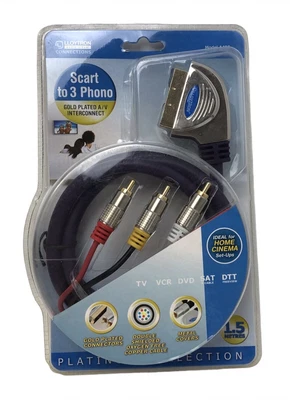 £4.99 • Buy 1.5m Scart To 3x Phono Male Plugs Gold Plated Lead AV Interconnect TV DVD SAT.