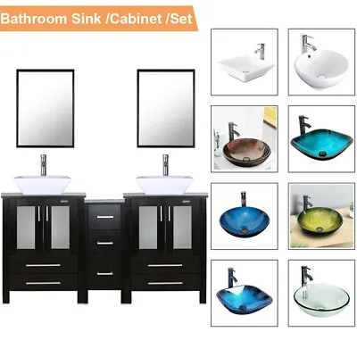 60  Black 2 Bathroom Vanity Mirror Side Cabinet Vessel Glass/Ceramic Sink Faucet • $864.99