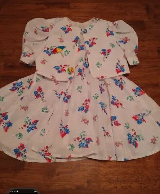 Handmade Girls  White Floral Circle Dress With Matching Spring Over Cardigan Vtg • $18