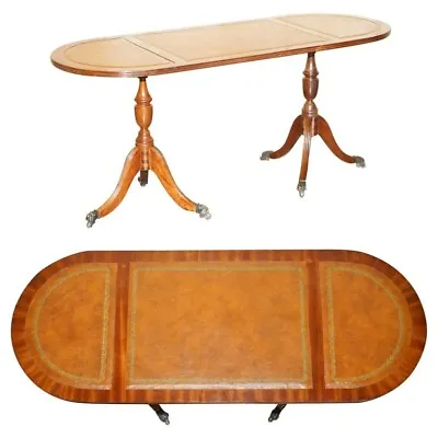 Vintage Hand Dyed And Aged Brown Leather Oval Coffee Table With Lion Castors • $933.41