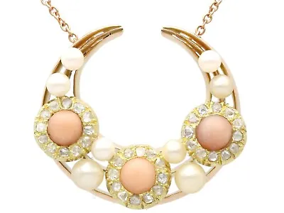 Antique Victorian 0.62 Ct Diamond Coral Pearl And 15 Kt Yellow Gold Necklace • $3010