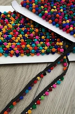 £3.25 • Buy 1 Metre Rainbow Multicoloured Pom Pom Bobble Fringe Trim Lace Craft Ribbon