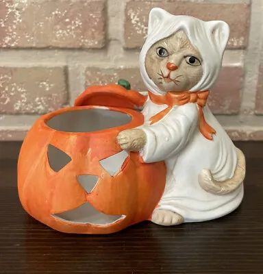 Vintage Halloween Ceramic Cat Kitten  Jack-o-Lantern Made In Taiwan • $12