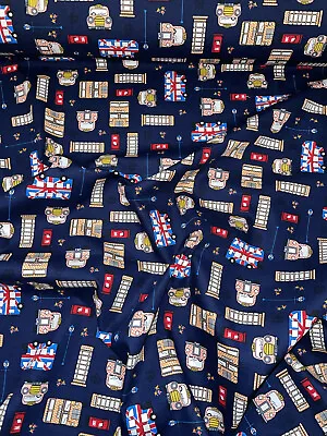 1 Mtr Navy Blue London Bus Print 100% Cotton Fabric.45”widecraftsdress • £8.75